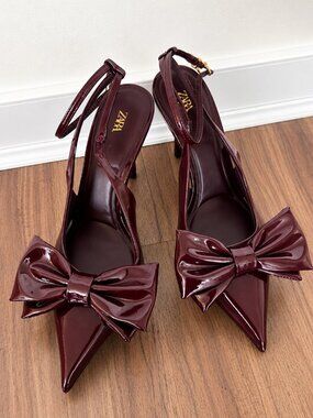 Zara Burgundy Patent Bow Slingback Heels – Women's Size 39